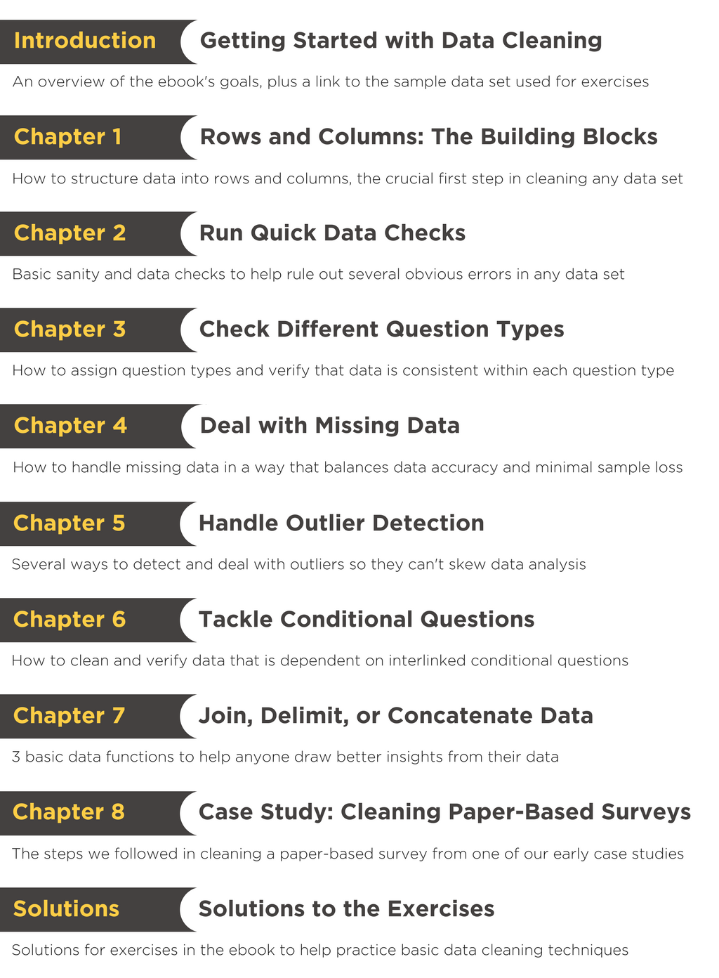 Data Cleaning Ebook Chapters: Basics of Data Cleaning, Rows & Columns, Missing Data, Conditional Questions, Outlier Detection, Delimit or Concatenate Data, Data Cleaning on Excel